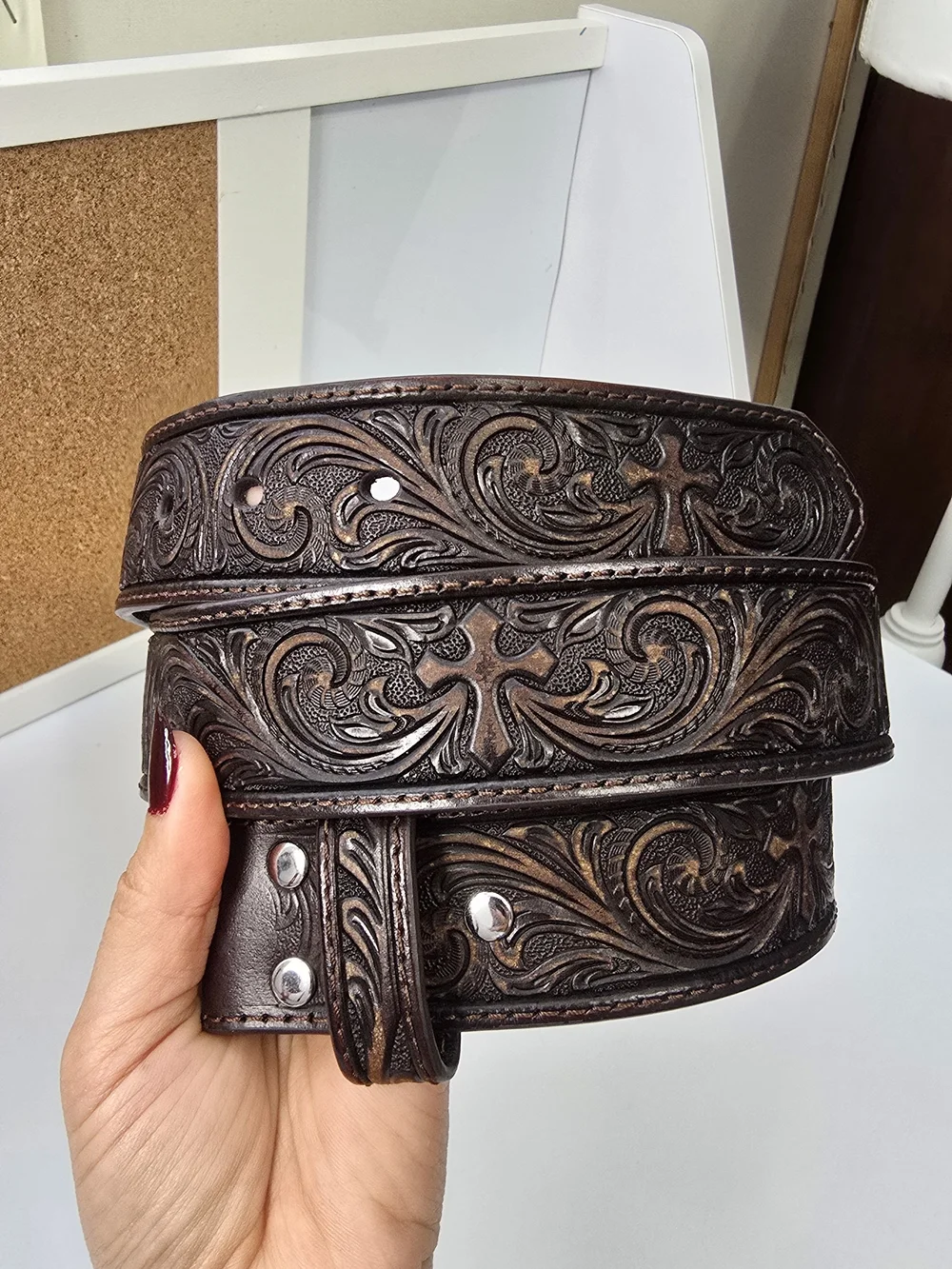 Nocona Tooled Dark Brown Leather Belt with Cross Motif
